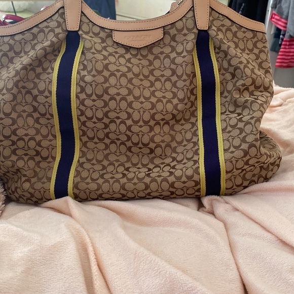 Coach purse. Signature Devin. Brown with blue and yellow stripe. - Picture 1 of 8